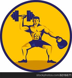 Illustration of an athlete weightlifter lifting kettlebell with one hand and dumbbell on the other hand facing front set inside circle on isolated background done in retro style.. Athlete Lifting Kettlebell Dumbbell Circle Retro