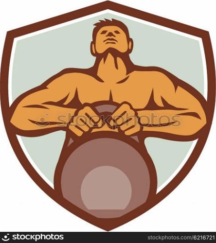 Illustration of an athlete weightlifter looking up lifting kettlebell with both hands viewed from front set inside shield crest on isolated background done in retro style.. Athlete Weightlifter Lifting Kettlebell Crest Retro