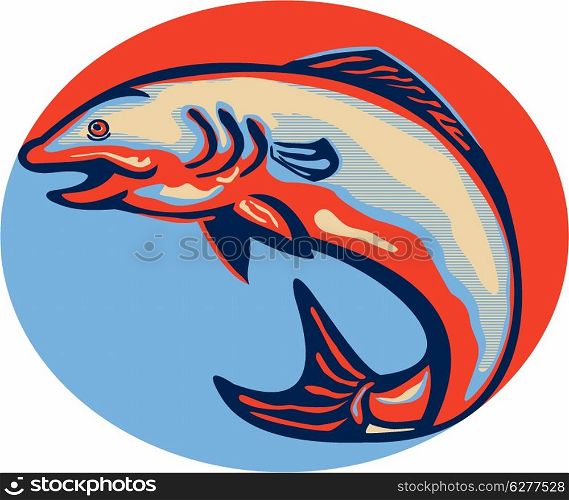 Illustration of an Atlantic salmon fish jumping done in retro style. Atlantic Salmon Fish Jumping Retro