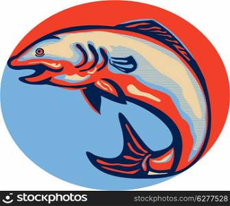Illustration of an Atlantic salmon fish jumping done in retro style. Atlantic Salmon Fish Jumping Retro