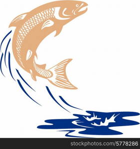 Illustration of an Atlantic salmon fish jumping in water set on isolated white background viewed from the side done in retro style. . Atlantic Salmon Fish Jumping Water Isolated