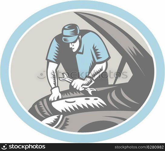 Illustration of an auto mechanic repairing automobile car vehicle set inside oval shape in isolated background done in retro woodcut style.. Auto Mechanic Car Repair Woodcut Retro