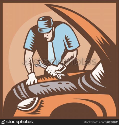 Illustration of an automobile auto mechanic repair car with wrench spanner done in retro woodcut style.. Automobile Mechanic Car Repair