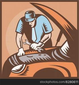 Illustration of an automobile auto mechanic repair car with wrench spanner done in retro woodcut style.. Automobile Mechanic Car Repair