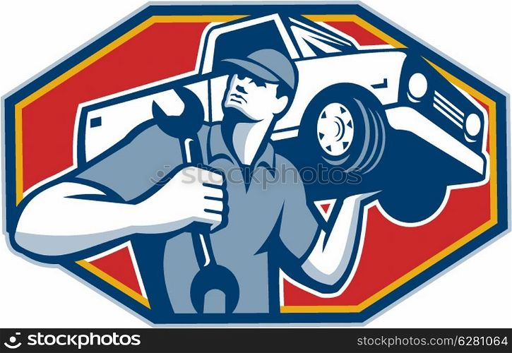 Illustration of an automotive mechanic carrying pick-up truck car vehicle on shoulder holding spanner wrench done in retro style.. Automotive Mechanic Car Repair Retro