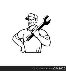 Illustration of an automotive mechanic or aircraft, electrical mechanic holding a spanner or wrench with arms crossed looking to side on isolated background done in retro black and white style.. Automotive Mechanic or Aircraft Mechanic Holding Spanner on Shoulder Front View Retro Black and White