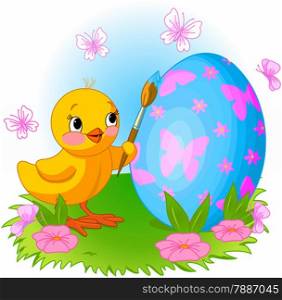 Illustration of an Easter Chicken is painting an egg