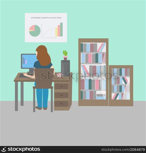 Illustration of an economist accountant woman at work on a computer in the office. Economist at work in the office