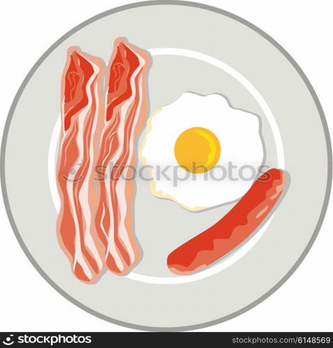 Illustration of an egg, bacon and sausage on a plate on isolated background done in retro style.