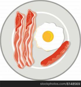Illustration of an egg, bacon and sausage on a plate on isolated background done in retro style.