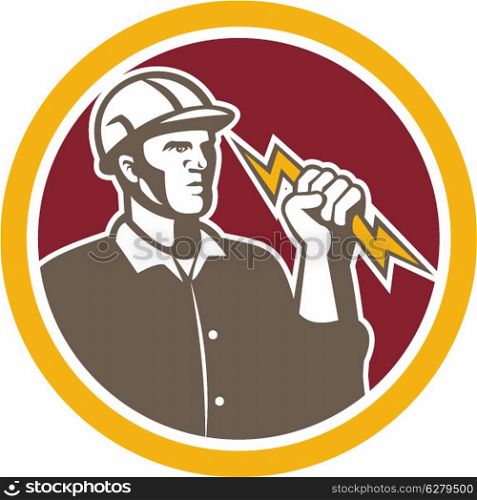 Illustration of an electrician construction lineman worker holding a lightning bolt set inside circle done in retro style on isolated white background.. Electrician Wielding Lightning Bolt Circle Retro
