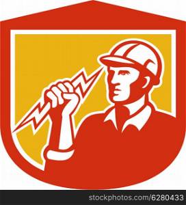 Illustration of an electrician construction worker clutching holding a lightning bolt set inside shield done in retro style on isolated white background.. Electrician Clutching Lightning Bolt Shield