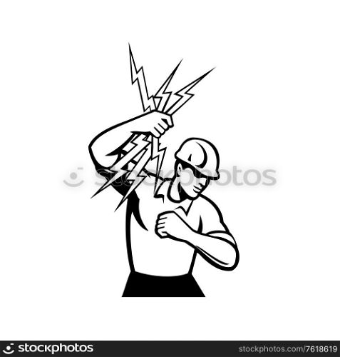 Illustration of an electrician construction worker holding a bunch of lightning bolt done in retro black and white style on isolated white background.. Electrician Holding a Bunch Lightning Bolt Side Retro Black and White