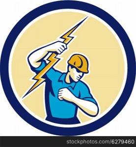 Illustration of an electrician construction worker holding a lightning bolt set inside circle done in retro style on isolated white background.. Electrician Holding Lightning Bolt Side Circle