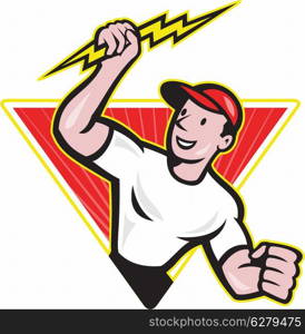 Illustration of an electrician construction worker holding a lightning bolt set inside triangle done in cartoon style in isolated white background.