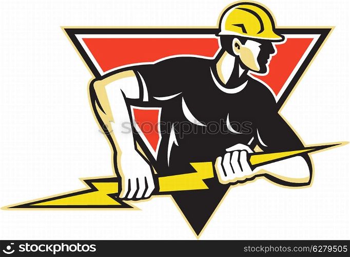 Illustration of an electrician construction worker holding a lightning bolt set inside triangle done in retro style in isolated white background.
