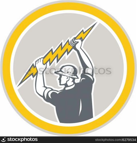 Illustration of an electrician construction worker holding a lightning bolt set inside circle done in retro style on isolated white background.. Electrician Holding Lightning Bolt Side Retro