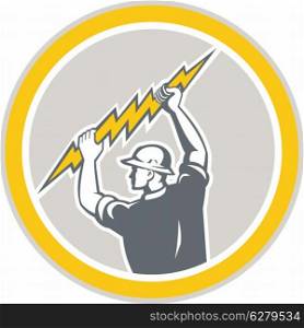 Illustration of an electrician construction worker holding a lightning bolt set inside circle done in retro style on isolated white background.. Electrician Holding Lightning Bolt Side Retro