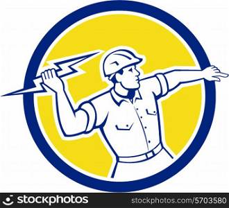 Illustration of an electrician construction worker holding a lightning bolt throwing viewed from the side set inside circle done in retro style on isolated background.. Electrician Holding Lightning Bolt Circle Retro