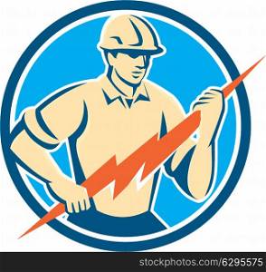 Illustration of an electrician construction worker holding a lightning bolt viewed from the front set inside circle done in retro style on isolated background.. Electrician Holding Lightning Bolt Circle Retro