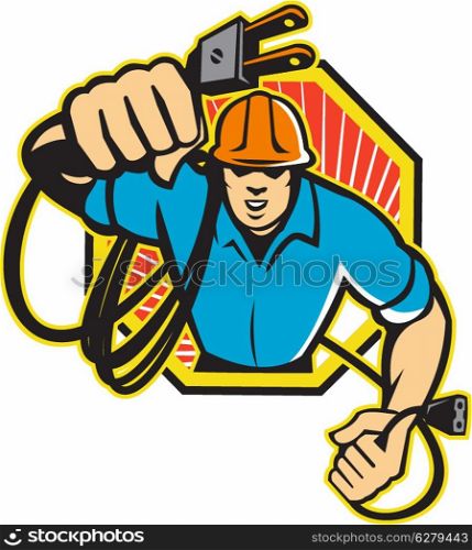 Illustration of an electrician construction worker holding an electrical electric plug with cord front view set inside hexagon done in retro style in isolated white background.