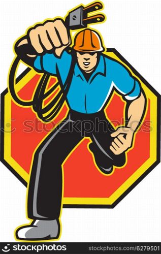 Illustration of an electrician construction worker holding an electrical electric plug with cord running front view set inside hexagon done in retro style in isolated white background.. Electrician Worker Running Electrical Plug