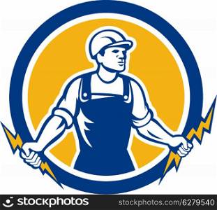 Illustration of an electrician construction worker holding two lightning bolts set inside circle done in retro style on isolated white background.. Electrician Holding Two Lightning Bolts Side Retro