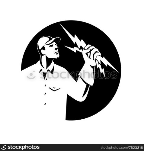 Illustration of an electrician construction worker lineman looking up holding a lightning bolt throwing viewed from the side set inside shield crest done in retro style on isolated background.. Electrician Lineman Holding Lightning Bolt Side View Retro Black and White