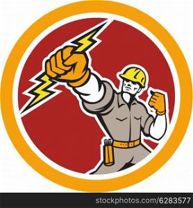 Illustration of an electrician construction worker power lineman wielding holding a lightning bolt set inside circle done in retro style on isolated white background.. Electrician Wielding Lightning Bolt Circle Retro