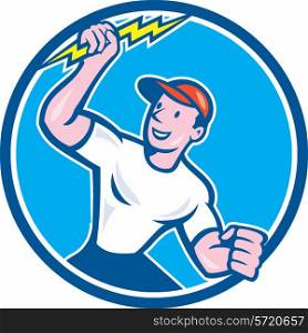 Illustration of an electrician construction worker standing holding a lightning bolt looking to the side set inside circle done in cartoon style on isolated background.. Electrician Holding Lightning Bolt Circle Cartoon