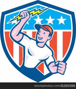 Illustration of an electrician construction worker standing holding a lightning bolt looking to the side set inside circle with stars and stripes in the background done in cartoon style.. Electrician Lightning Bolt USA Flag Cartoon