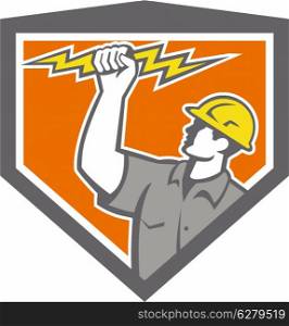 Illustration of an electrician construction worker wield holding a lightning bolt set inside shield crest done in retro style on isolated white background.. Electrician Wield Lightning Bolt Side Crest