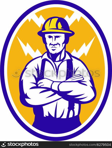 Illustration of an electrician construction worker with arms folded and lightning bolt in background set inside ellipse done in retro style.. Electrician Construction Worker Lightning Bolt