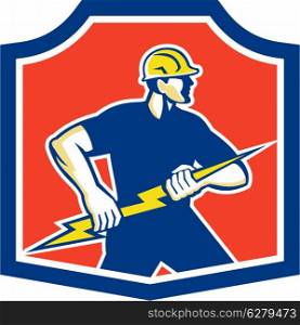 Illustration of an electrician holding a lightning bolt facing side done in retro style set inside a crest. . Electrician Holding Lightning Bolt Retro
