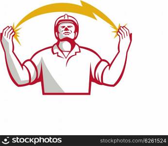 Illustration of an electrician looking up and hands raised with lightning bolt struck in both hands viewed from the front set on isolated white background done in retro style. . Electrician Lightning Bolt Hands Retro