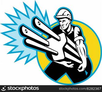 illustration of an Electrician or power lineman carrying plug set inside circle with sparks isolated on white. Electrician or power lineman carrying a plug
