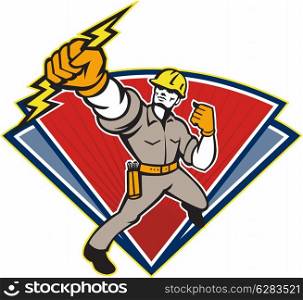Illustration of an electrician power lineman wielding holding a lightning bolt facing side done in retro style in isolated white background.. Electrician Punching Lightning Bolt