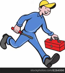 illustration of an electrician tradesman handyman mechanic walking with screwdriver and tool box done in cartoon style.&#xA;
