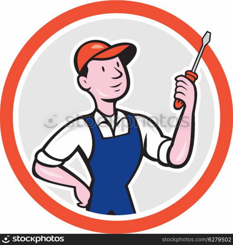 Illustration of an electrician worker holding a screwdriver facing side on isolated white background done in cartoon style set inside a circle.. Electrician Standing Screwdriver Circle Cartoon