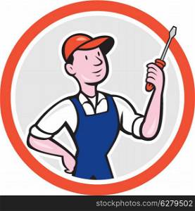 Illustration of an electrician worker holding a screwdriver facing side on isolated white background done in cartoon style set inside a circle.. Electrician Standing Screwdriver Circle Cartoon
