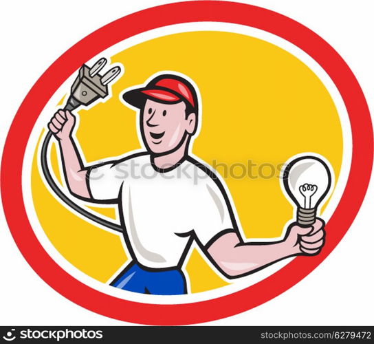 Illustration of an electrician worker holding an electric plug on one hand and a light bulb in the other facing front set inside circle on isolated background done in cartoon style.. Electrician Holding Electric Plug and Bulb Cartoon