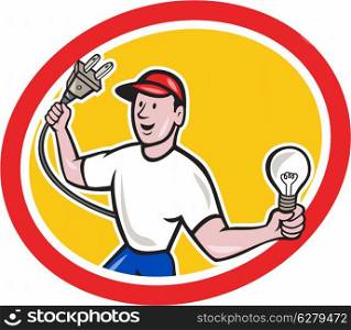 Illustration of an electrician worker holding an electric plug on one hand and a light bulb in the other facing front set inside circle on isolated background done in cartoon style.. Electrician Holding Electric Plug and Bulb Cartoon