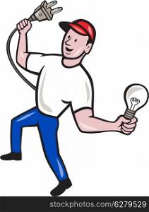Illustration of an electrician worker holding an electric plug on one hand and a light bulb in the other facing front set on isolated background done in cartoon style.. Electrician Hold Electric Plug and Bulb Cartoon