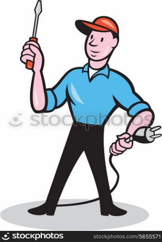 Illustration of an electrician worker standing holding screwdriver and electric plug on isolated white background done in cartoon style.. Electrician Holding Screwdriver Plug Cartoon
