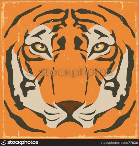 Illustration of an elegant tiger head with symmetrical stripes and patterns on a retro vintage background. Vintage Tiger Stripes On Grunge Background