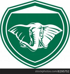 Illustration of an elephant head with tusk viewed from front set inside shield crest on isolated background done in retro style.. Elephant Head Tusk Front Shield