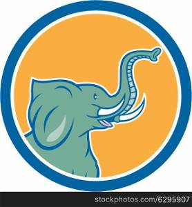 Illustration of an elephant head with tusks viewed from the side set inside circle on isolated background done in cartoon style.. Elephant Head Side Circle Cartoon