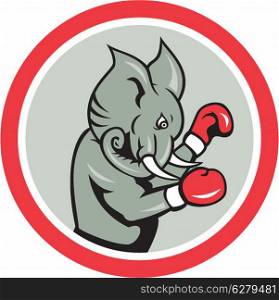 Illustration of an elephant mascot boxer boxing with gloves viewed from side on isolated background set inside a circle done in cartoon style.. Elephant Boxer Boxing Circle Cartoon