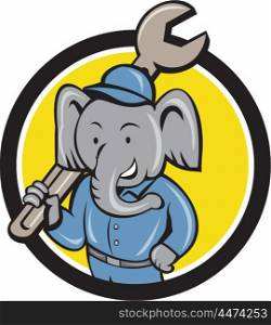 Illustration of an elephant mechanic holding spanner on shoulder viewed from front set inside circle on isolated background done in cartoon style. . Elephant Mechanic Spanner Shoulder Circle Cartoo