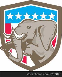 Illustration of an elephant prancing looking to the side set inside shield crest with stars and strips in the background done in retry style. . Elephant Prancing Stars Shield Retro